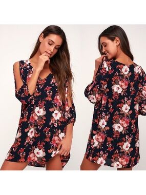 Lulus Shifting Dears Navy Blue Floral Print Dress NWT